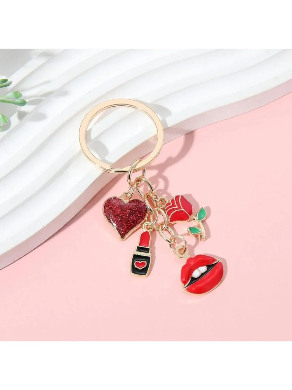Romantic Love Keychain Set - 10PCS Red Glitter Heart, Rose & Lipstick Charms for